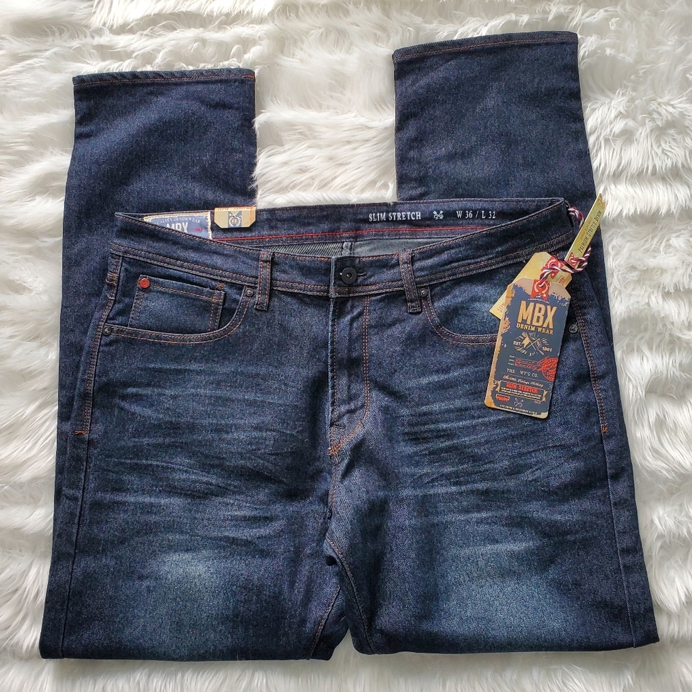 MBX MEN'S JEANS SIZE 36X32 SLIM STRETCH SIT BELOW WAIST SLIM FIT THRU KNEE